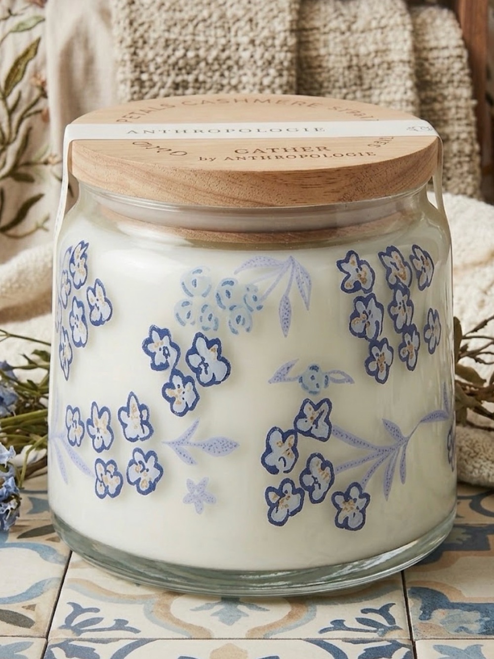 Anthropologie Gather Petals & Cashmere Glass Jar Candle Floral Wood Lid